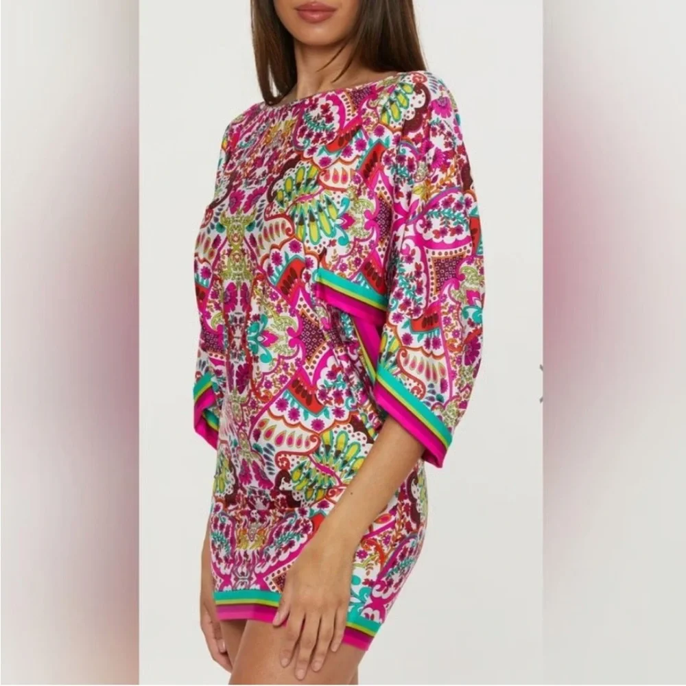 Trina Turk NWT Pink & Green Hawaiian Garden Boatneck Tunic Swim Cover Mini Dress - Picture 5 of 16
